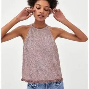 Zara Trafaluc Multi Pink Tweed Fringed Halter Neck Tank Top Size Small